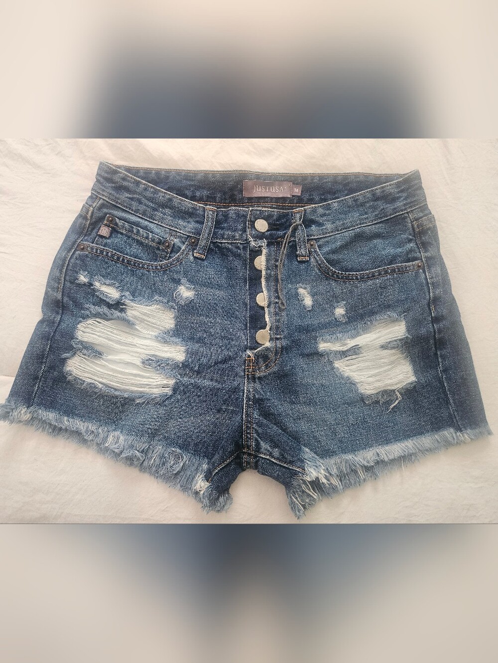 JUSTUSA Distressed High-Rise Denim Shorts - Blue